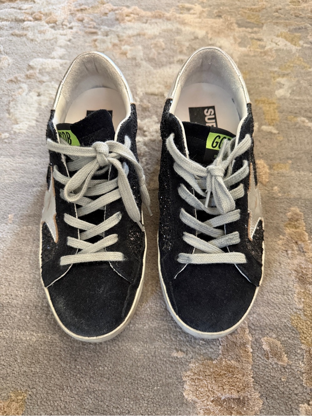 Golden Goose Black Suede Sneakers with Silver Star and Gray Laces - Picture 1 of 8